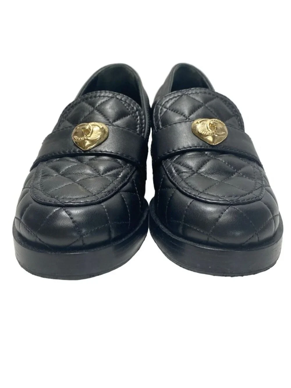 Chanel Loafers Quilted Black Heart Turnlock Gold Platforms